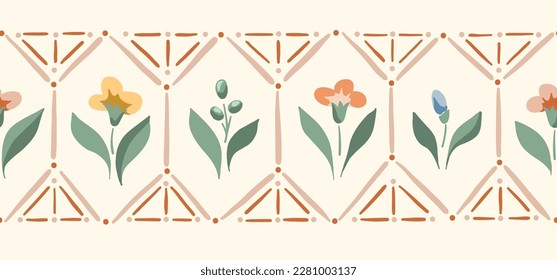 Delicate Chintz Romantic Meadow Wildflowers and Geometric Tiles Horizontal Vector Seamless Pattern Border. Cottagecore Garden Flowers and Foliage Print. Homestead Bouquet. Farmhouse Background