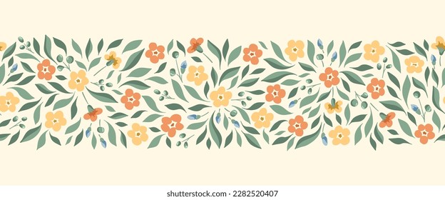 Delicate Chintz Romantic Meadow Wildflowers Horizontal Vector Seamless Pattern Border. Cottagecore Garden Flowers and Foliage Print. Homestead Bouquet. Farmhouse Background