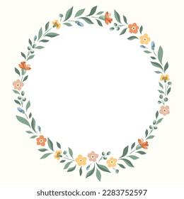 Delicate Chintz Romantic Meadow Wildflowers Vector Round Frame. Cottagecore Garden Flowers and Foliage Wedding Invitation. Homestead Bouquet. Farmhouse Background