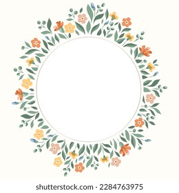 Delikate Chintz Romantische Wiese Wildblumen Vektor Round Frame. Grundgartenblumen und Blütenblatteinladung für Hochzeiten. Hausfrau Bouquet. Bauernhof-Hintergrund