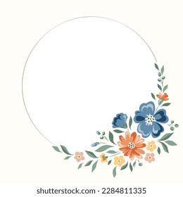 Delicate Chintz Romantic Meadow Wildflowers Vector Round Frame. Cottagecore Garden Flowers and Foliage Wedding Invitation. Homestead Bouquet. Farmhouse Background