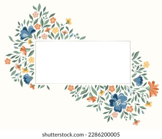 Delicate Chintz Romantic Meadow Wildflowers Vector Rectangular Frame. Cottagecore Garden Flowers and Foliage Print. Homestead Bouquet. Farmhouse Wedding Invitation Card