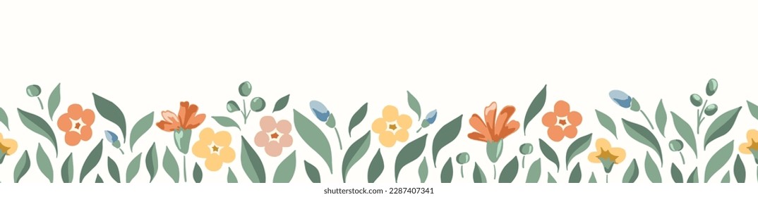 Delicate Chintz Romantic Meadow Wildflowers Vector Horizontal Seamless Border. Cottagecore Garden Flowers and Foliage Wedding Invitation. Homestead Bouquet. Farmhouse Background