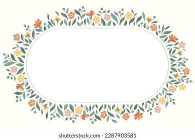 Delicate Chintz Romantic Meadow Wildflowers Vector Ellipse Oval Frame. Cottagecore Garden Flowers and Foliage Wedding Invitation. Homestead Bouquet. Farmhouse Background