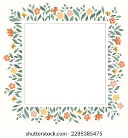 Delicate Chintz Romantic Meadow Wildflowers Vector Square Frame. Cottagecore Garden Flowers and Foliage Wedding Invitation. Homestead Bouquet. Farmhouse Background