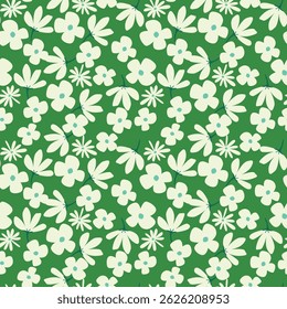 Delicate Chintz Romantic Meadow Wildflowers Vector Seamless Pattern. Cottagecore Garden Flowers and Foliage Print. Homestead Bouquet. Farmhouse Background