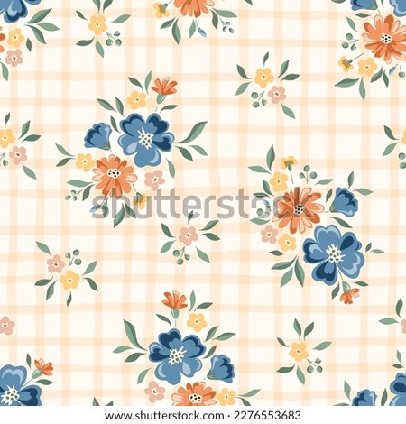 Delicate Chintz Romantic Meadow Wildflowers and Gingham Plaid Vector Seamless Pattern. Cottagecore Garden Flowers and Foliage Print. Homestead Bouquet. Farmhouse Background ストックフォト © 