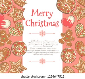 Delicate christmas card with gingerbread cookies  on white background. Vector template