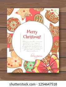 Delicate christmas card with gingerbread cookies and bow  on wood background. Vector template