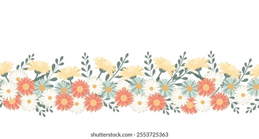 Delicate chrysanthemum flowers with leaves horizontal seamless border. Seasonal banner design for greeting, invitation. Illustration