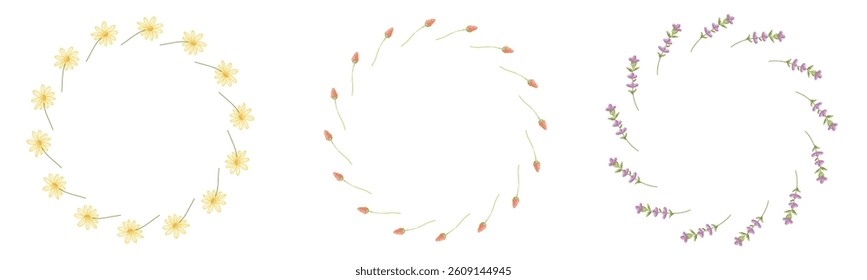 Delicate Circular Floral Frames Featuring Yellow, Pink, and Purple Blooms for Design. Circular floral frames crafted with artistic arrangements of yellow, pink, and purple flowers. Ideal for creative 