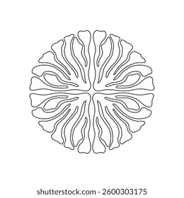 Delicate circular ornament with organic, petal-like shapes forming a symmetrical floral pattern. Outline vector art resembling petals, seaweed or leaves in naive style