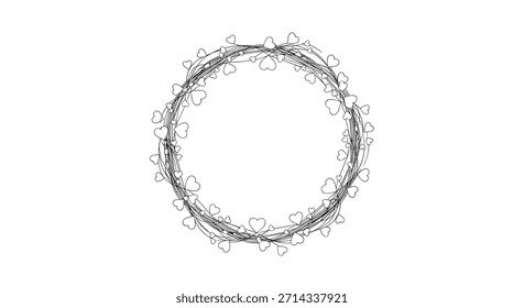 Delicada coroa de videira circular com folhas pequenas e acentos florais sutis emoldurados contra um fundo branco limpo para convites elegantes decorações.