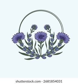 Uma delicada grinalda circular composta de flores de milho azul vibrante e folhas verdes, artisticamente dispostas contra um fundo azul claro e limpo, evocando beleza natural e charme primavera.