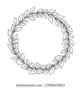 Uma delicada grinalda circular de folhas desenhadas à mão e ramos em um fundo branco liso.