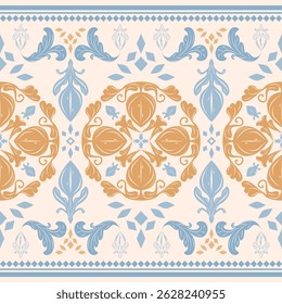 Delicate Classy Baroque with Geometric Element Detailed and Scroll Ornament Decoration with Gold Blue Color on Cream Background. Intricate Border Pattern for All Luxury Things as Carpet Apparel Batik