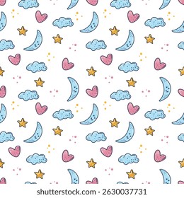 Nuvens delicadas, padrão perfeito com o céu, estilo de desenho animado para design. Sonhos de infância felizes.