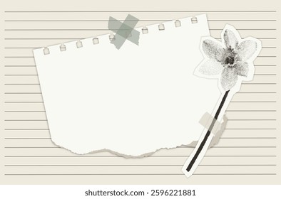 A delicate collage featuring a stippled or pointillism-style narcissus flower, reminiscent of scrapbooking aesthetics. The image uses halftone and grainy textures, creating a vintage feel