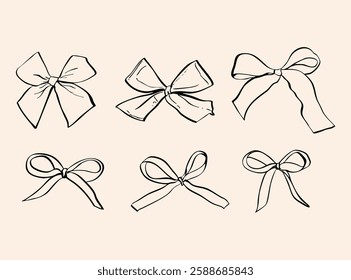 A delicate collection of minimalist line art bow illustrations, featuring a chic coquette aesthetic. These hand-drawn ribbons are perfect for fashion, branding, stationery, packaging, wedding decor
