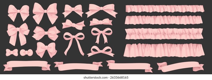 A delicate collection of pink bows lace ribbons ruffles and banners Hand-drawn in a soft, pastel style perfect for baby showers weddings packaging and feminine designs