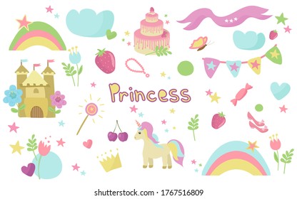 A delicate collection of Princess elements. Castle, rainbow, unicorn, shoes, magic wand, crown, cake. Vector illustration. In the style of hand drawing.