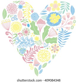 Delicate color floral vector heart. Naive drawing. Card.