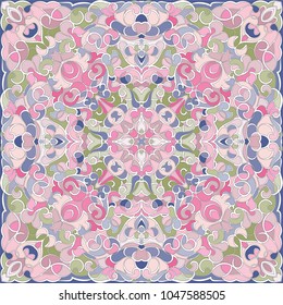 Delicate color pattern in Oriental style. Square ornament for shawls, scarves or pillow. Can be used for printing onto fabric or paper. Vector illustration.