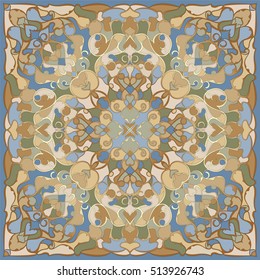 Delicate color pattern in Oriental style. Square ornament for shawls, scarves or pillow. Can be used for printing onto fabric or paper. Vector illustration.