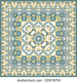 Delicate color pattern in Oriental style. Square ornament for shawls, scarves or pillow. Can be used for printing onto fabric or paper. Vector illustration.