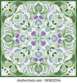 Delicate color pattern in Oriental style. Square ornament for shawls, scarves or pillow. Can be used for printing onto fabric or paper. Vector illustration.