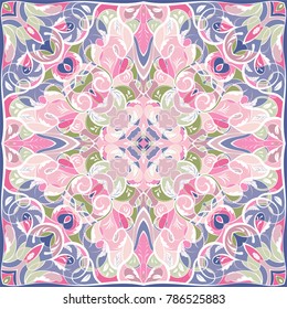 Delicate color pattern in Oriental style. Square ornament for shawls, scarves or pillow. Can be used for printing onto fabric or paper. Vector illustration.