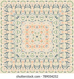 Delicate color pattern in Oriental style. Square ornament for shawls, scarves or pillow. Can be used for printing onto fabric or paper. Vector illustration.