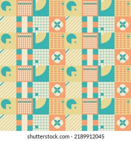 ein zartes geometrisches Muster in Pastellfarben, bestehend aus Kreisen, Streifen, Quadraten, Zellen und anderen Figuren