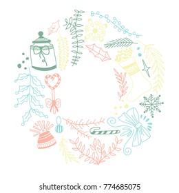 Delicate colored ornament round frame sketch composition on white background with festive symbol objects hand drawing vector illustration