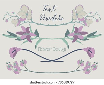 Delicate Colorful Hand Drawn Floral Text Dividers, Line Borders with Flowers. Decorative Outlined Vector Illustration. Flower Design Elements. Lily Flower, Cherry Blossom, Calla,Orchid