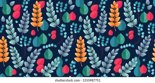 Delicate colorful leaves. Seamless pattern. Beautiful Endless texture with elegant plants on a deep blue. Floral background. Abstract vector illustration. Design for textile, wrapping paper.