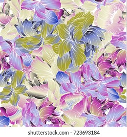 Delicate colors of a seamples pattern of a peony blossom using batik techniques. Pink, blue, purple and white. Can be used for fabric, postcard, print, background, desktop.