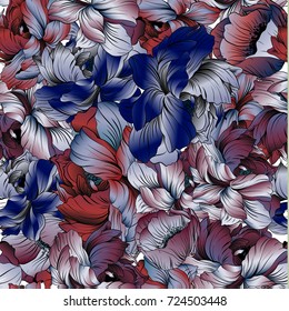 Delicate colors of a seampless pattern of a peony blossom. Red, blue, violet and black. Can be used for fabric, postcard, print, background, desktop.