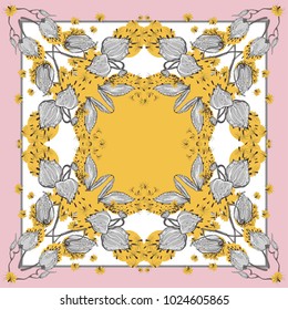 Delicate colors of silk scarf with flowering asclepias syriaca . Pink, yellow and white.