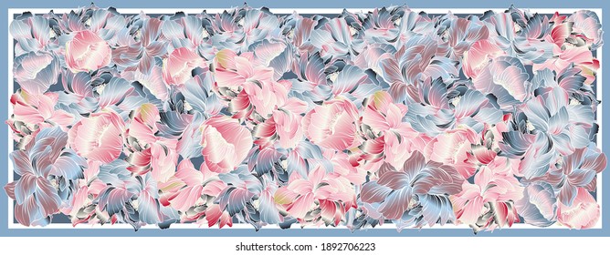 Delicate colors of silk scarf with flowering peony. Abstract vector pattern with hand drawn floral elements. Trend colorful silk scarf with flowers.  Pink, blue, violet and white. Batik