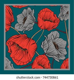 Delicate colors of silk scarf with flowering poppies.