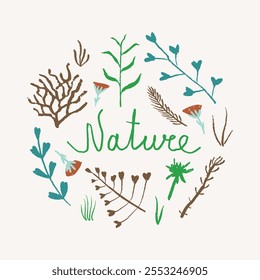 A delicate composition of hand-drawn botanical elements surrounding the word “Nature.” This design reflects organic beauty and is ideal for eco-conscious themes.