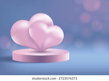Composición delicada para San Valentín o Día de la Boda. Dos corazones rosas sobre un pedestal rosa redondo sobre un delicado fondo lila con bokeh dorado y espacio de copia