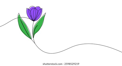 A delicate continuous line drawing of a blooming flower with leaves in color, symbolizing nature, elegance, and simplicity in art. A single line drawing of a flower icon in color. Vector illustration