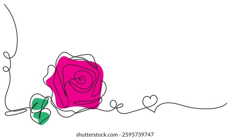 A delicate continuous line drawing features a stylized pink rose, a simple green leaf, and a heart, creating a romantic and elegant decorative element. Ideal for use in designs related to love, weddin