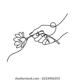 Delicate continuous line drawing of hands offering a flower symbolizing love and kindness