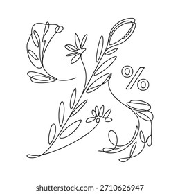 Eine zarte, durchgehende Linienzeichnung eines Prozentzeichens, das mit blühenden Blumen und Blättern verflochten ist und eine botanische Illustration erzeugt.