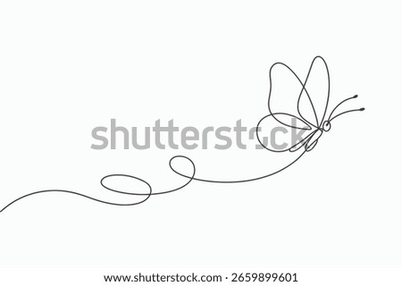 A delicate, continuous line illustration depicts a butterfly with flowing wings and a trailing path, symbolizing grace and freedom.