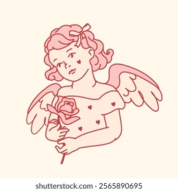 Delicate coquettecore style illustration of a cherubim holding a rose. Pink outline design with romantic and vintage vibes. Perfect for Valentine’s Day, love-themed art, and elegant decor projects