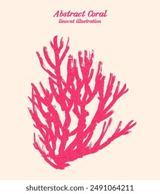 Delicate Coral Silhouette 01. Linocut Vector illustration of pink coral branch with intricate details highlighted by the printmaking technique. Symbolize beauty of underwater organism.